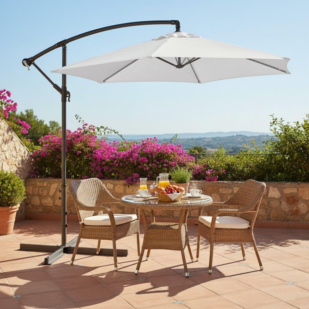 MONTY Parasol excéntrico de Ø300 cm, mástil Ø48mm de Acero Gris, con Antiviento y Manivela, Giratorio 360º, Elegante y Duradero, tratamiento Anti-corrosión, para Exterior