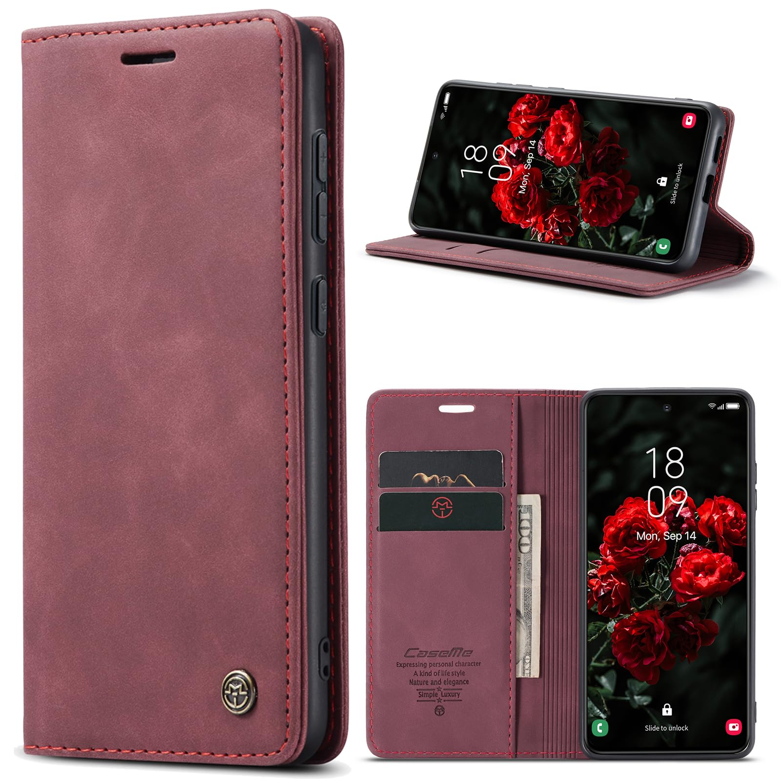 Azororo Cover per Samsung Galaxy S24 5G, Premium PU Pelle Custodia, Magnetica Carta Fessura Portafoglio Case, Flip Cavalletto Custodia per Samsung Galaxy S24- Vino Rosso