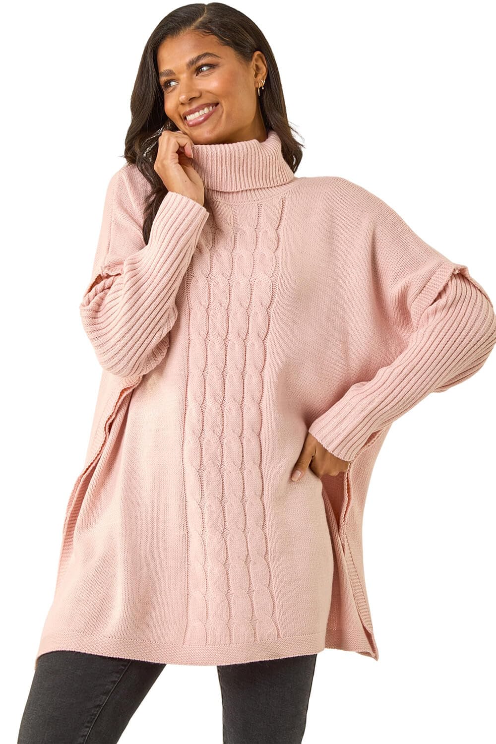 Roman Women's Cable Knit Roll Neck Poncho Jumper in Pink | Size: Large/XL