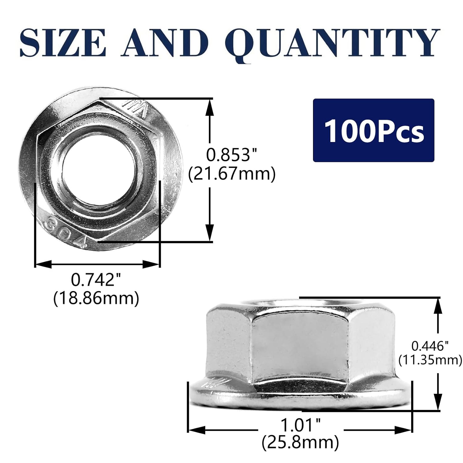 1/2-13 Serrated Flange Hex Lock Nuts 100Pcs 304 Stainless Steel 18-8, Full Thread, Hex Drive, Bright Finish by SG TZH