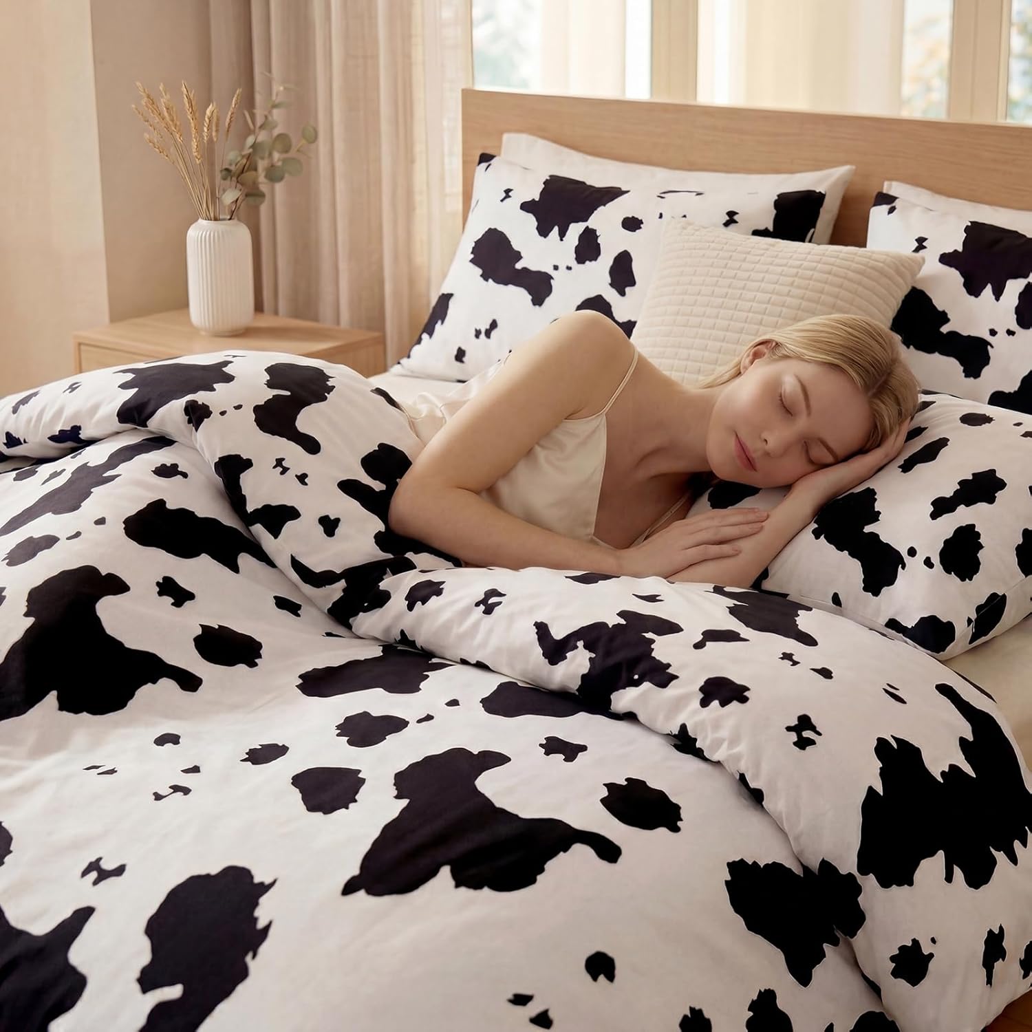 100% Cotton Duvet Cover King Size, Black and White Cow Print Bedding Set with Zipper Closure, Farmhouse Soft Breathable Comforter Cover with 2 Pillowcases for All Seasons