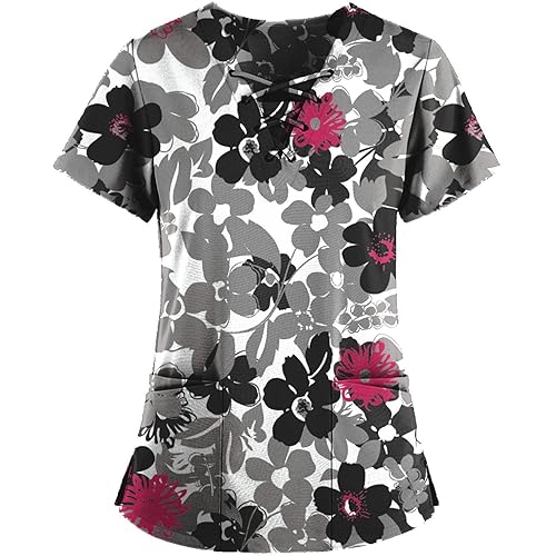 HXHYQKP Womens Plus Size Scrub Tops 2024 Print Nurse Uniforms for Women Short Sleeve V-Neck Shirts Tops with Pockets