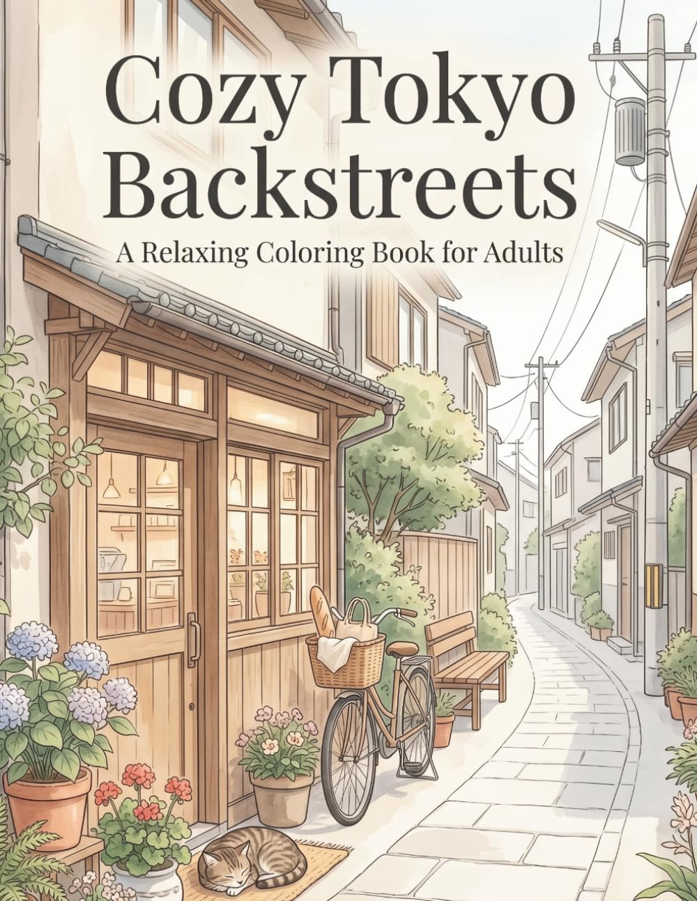 Cozy Tokyo Backstreets: A Relaxing Japanese Alley Coloring Book for Adults Featuring Quiet Streets, Cats, Tiny Shops, Flowers, and Peaceful Urban Japan