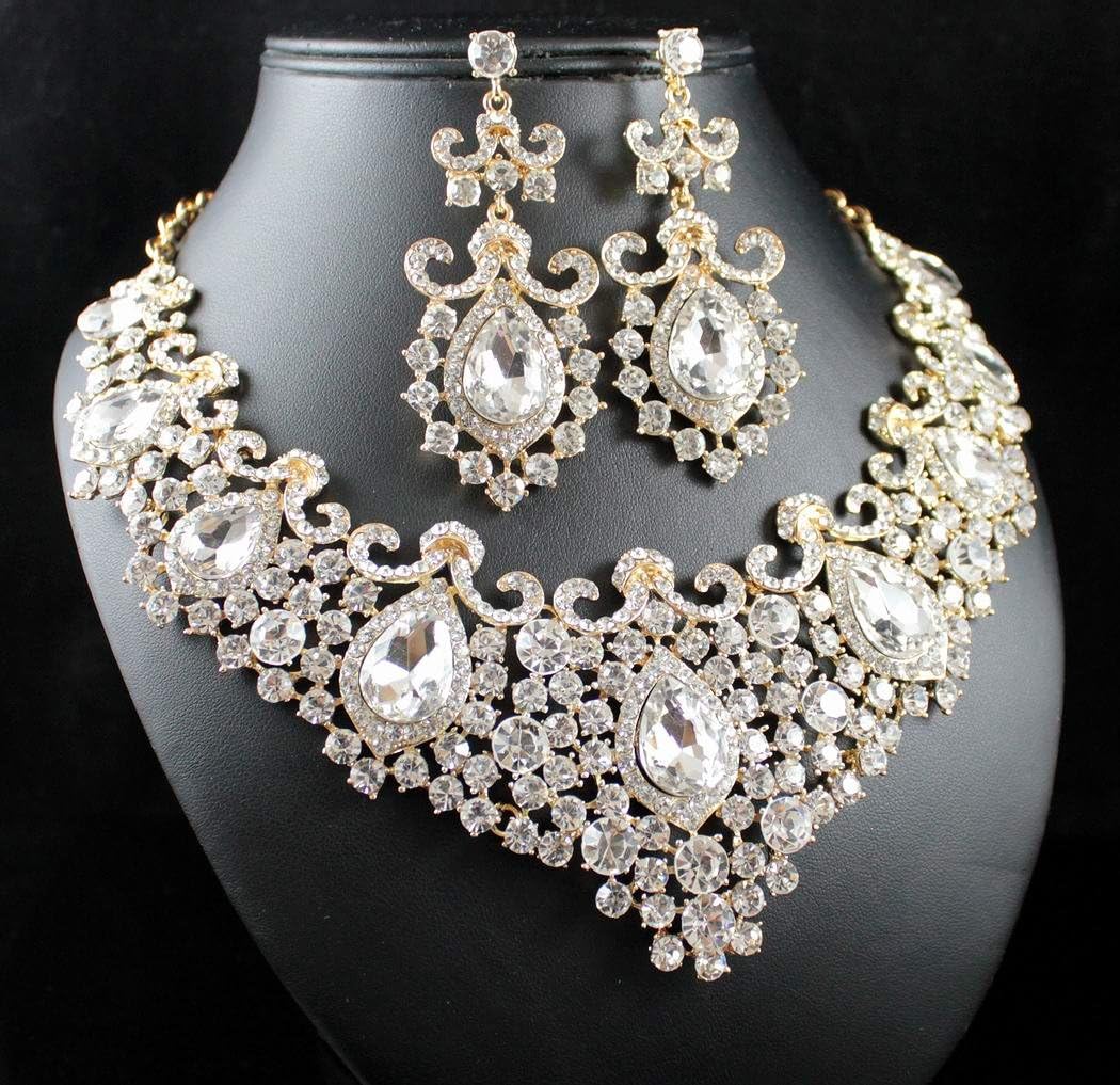 STUNNING CLEAR AUSTRIAN RHINESTONE CRYSTAL NECKLACE EARRINGS SET N12187G GOLD