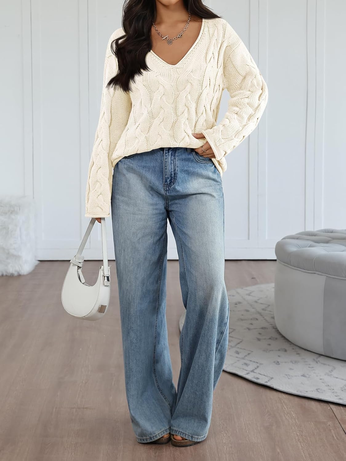 Trendy Queen Oversized Long Sleeve V Neck Cable Knit Sweaters - Image 6