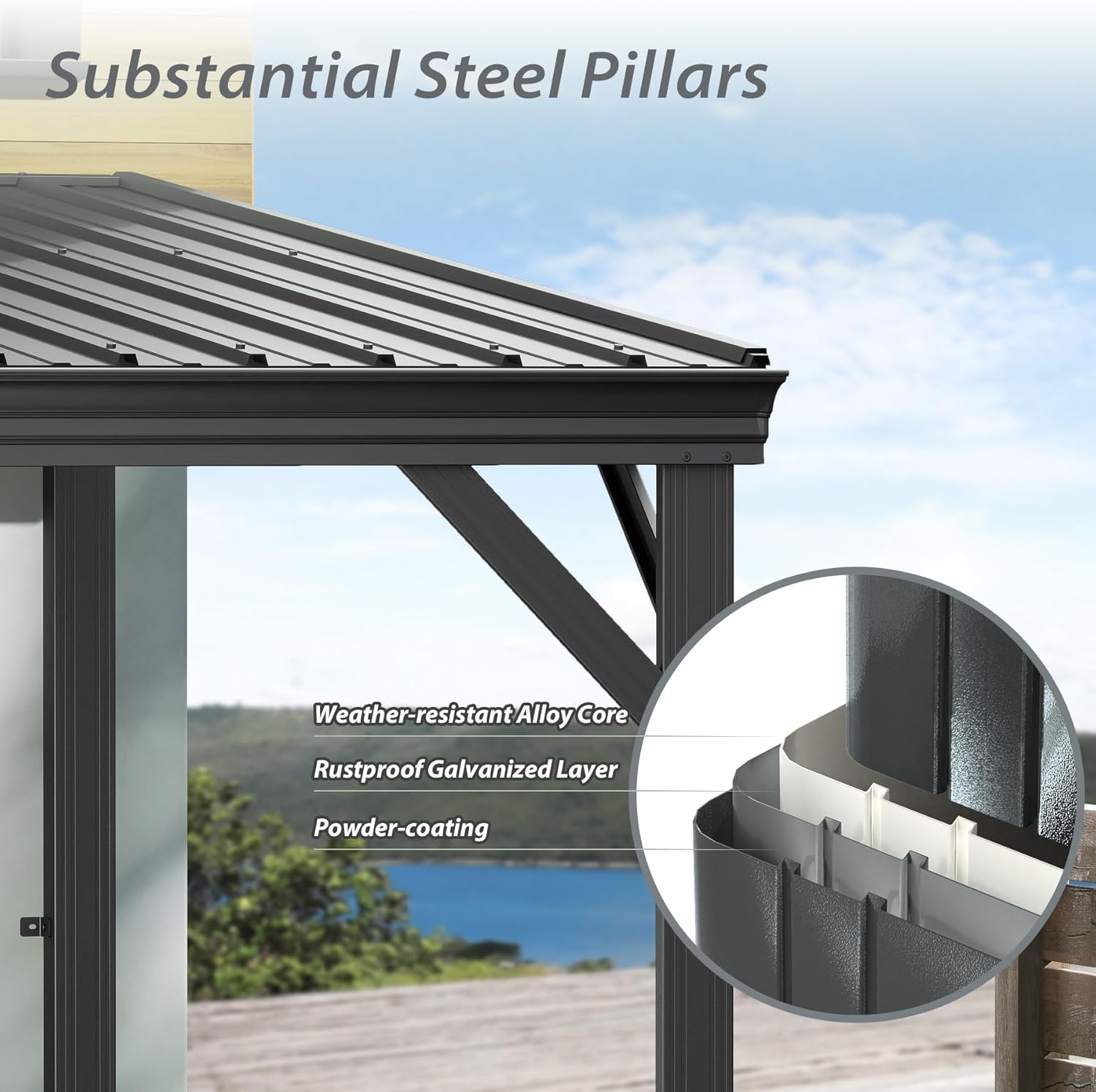 Domi 12'x20' Hardtop Lean to Gazebo with Gutters, Connectable Wall Mounted Gazebo Pergola with Galvanized Steel Roof, 60MPH Wind Resistance, Outdoor Large Metal Canopy, for Patio, Deck, Lawn - Grey