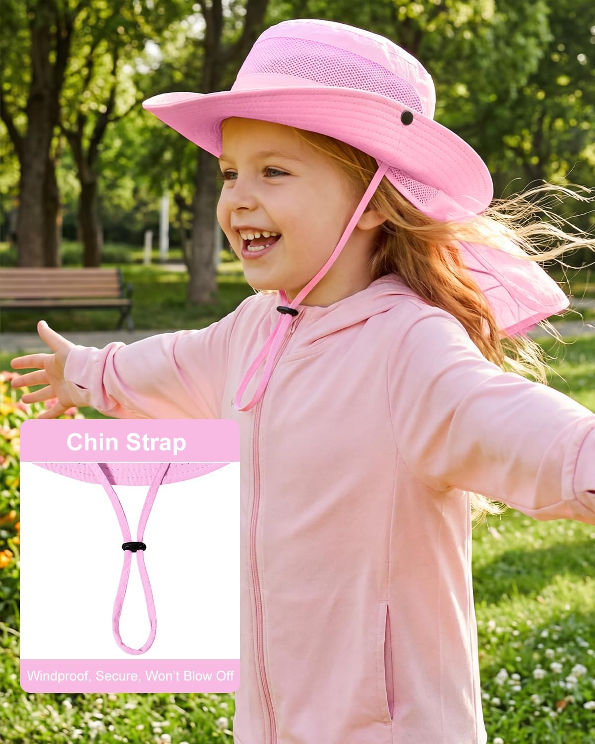 Century Star Kids Sun Hat with Ponytail Hole & Detachable Neck Flap UPF50+ Quick Dry Girls Bucket Hat for Outdoor Beach