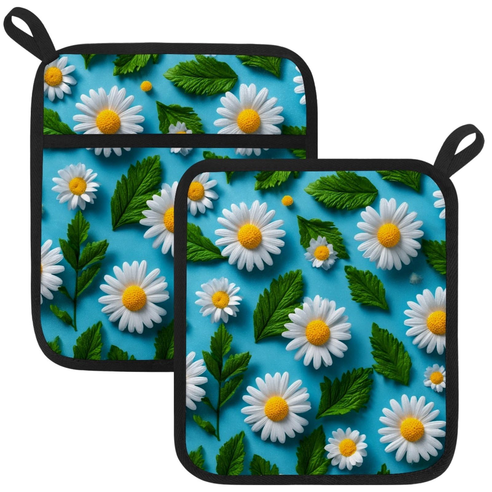 VAPOKF Flower Daisy Heat Resistant Pot Holders, Thick Pot Holders Pad with Hanging Loop for Kitchen, Oven Cloth Pads for Kitchen Baking Microwave Oven