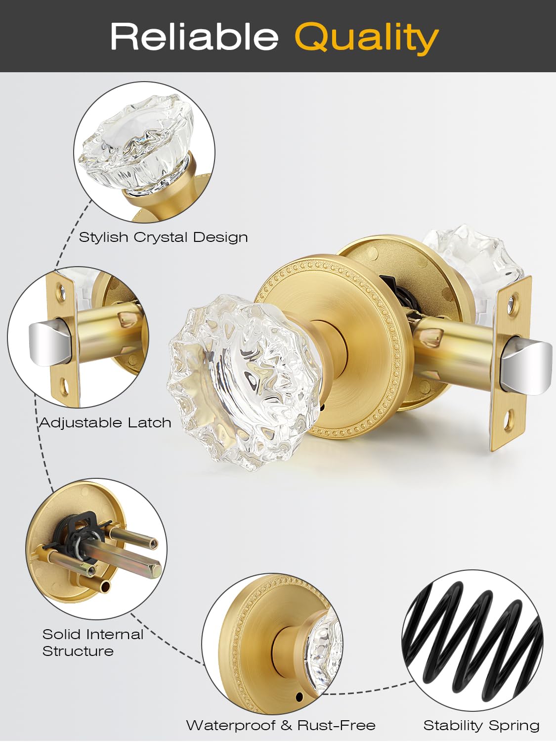 Gold Glass Door Knobs - Keyless Privacy Levers -4