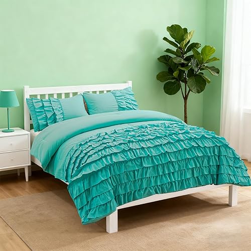 Miniatura 2 de Holawakaka Aqua Waterfall - Juego de edredón con volantes, tamaño individual, multicapas, con volantes, estilo shabby chic, juego de ropa de cama de