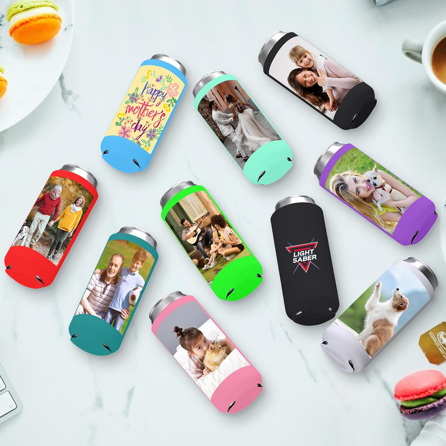 100 Pack Custom Slim Can Coolers Sleeves Bulk Personalized Insulated Neoprene Can Cooler Drink Holder with Logo Image Text for Wedding Birthday Bachelor Party Favors