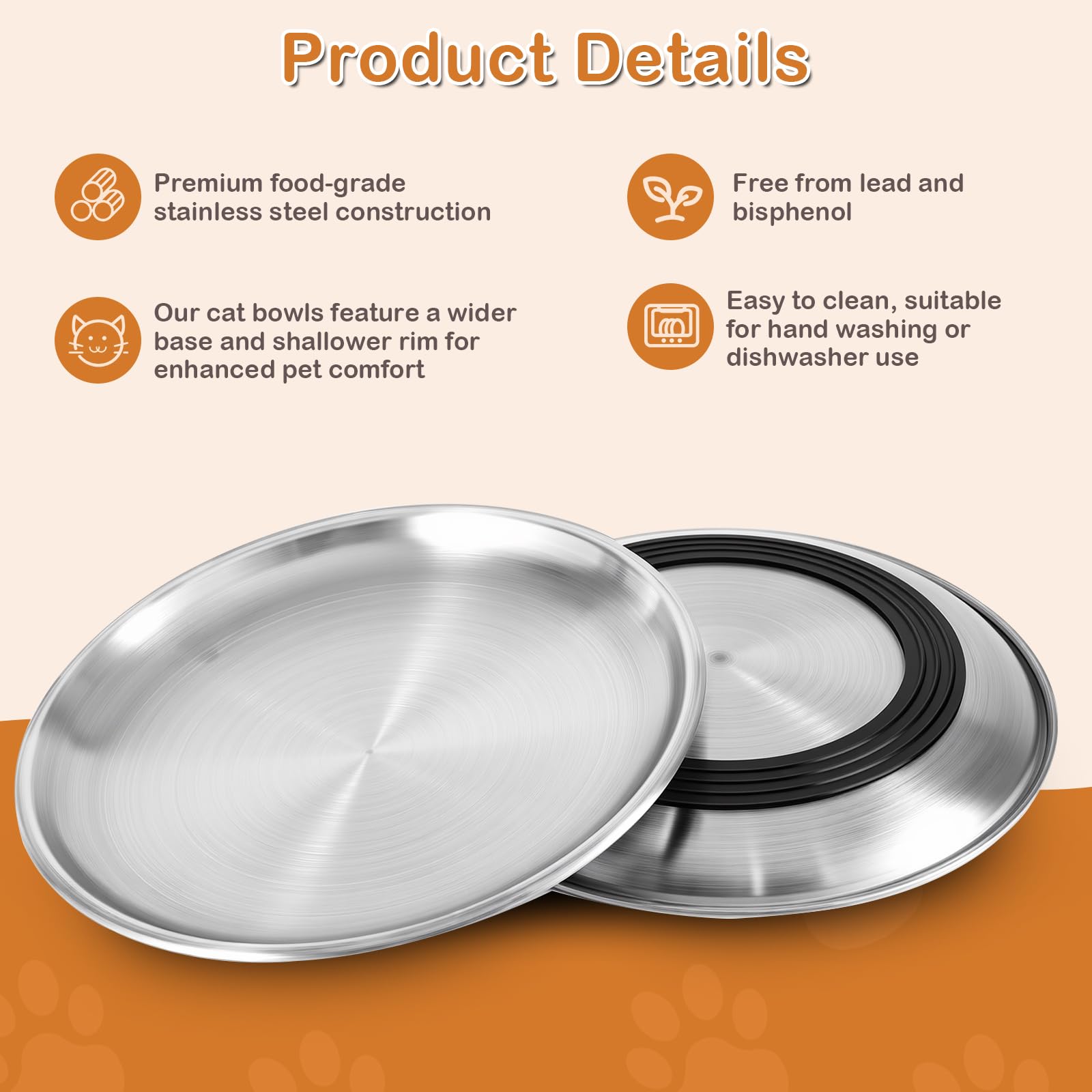 2 Piezas Cuencos Planos para Gatos de Acero Inoxidable,17CM Comedero Plano para Gato con Base Antideslizante,Platos Anchos Aptos para Gatos para Perros Pequeños,Gatos (Plata)