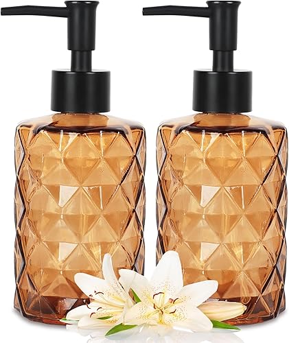 Dispensador de jabón de vidrio ámbar, juego de 2 dispensadores de jabón líquido de manos de 11 onzas para fregadero de cocina y baño, juego de