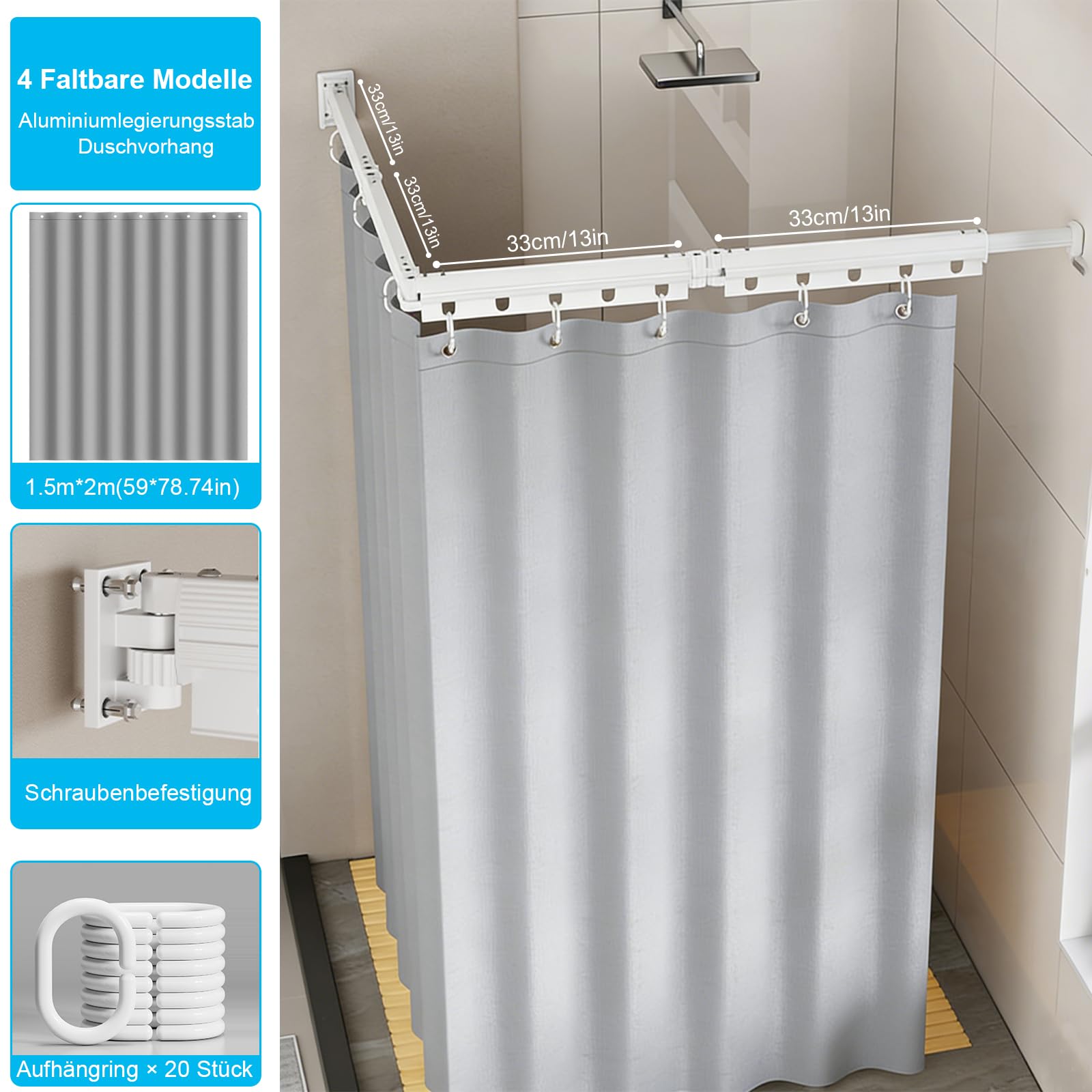 Faltbare Duschvorhangstange mit Duschvorhang, Duschvorhangstange ohne Bohren, Duschvorhang mit Stange, Wasserdicht L/U Form Duschstange für Ecke/Badewanne (Weiß, 4 faltbar)
