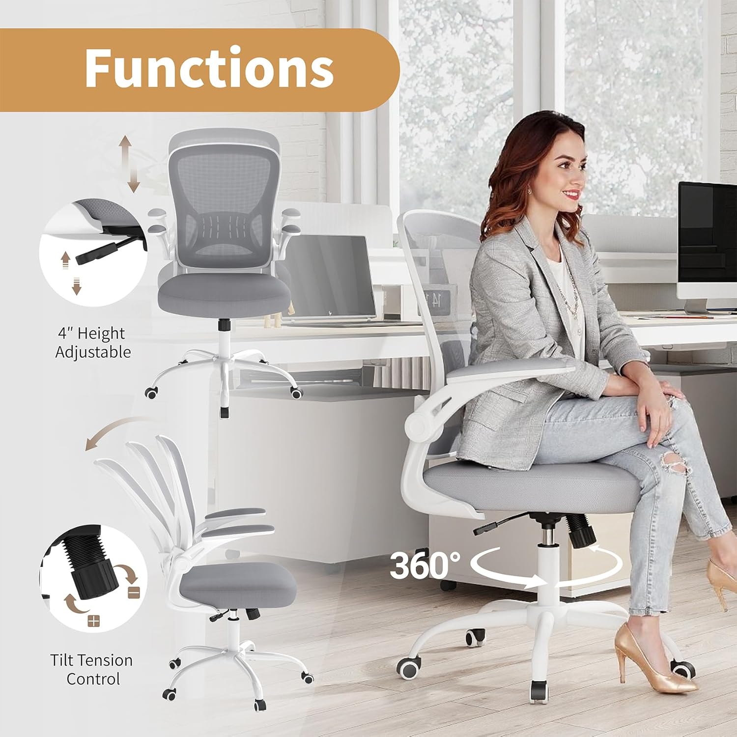 Youhauchair Mesh Office Chair, Ergonomic Home Office Desk Chairs with Flip-up Arms and Lumbar Support, Height Adjustable, Grey