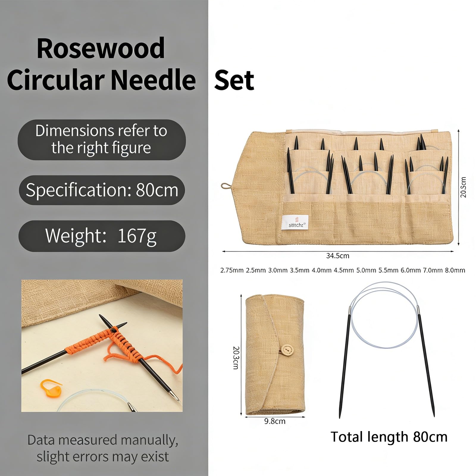 11-teiliges Rundstricknadel-Set Aus Holz, 11 Rundstricknadeln 2,5–8 Mm, Mit Aufbewahrungstasche, Glatt, Weich Und Flexibel, For Stricken Aller Garnarten(80cm)