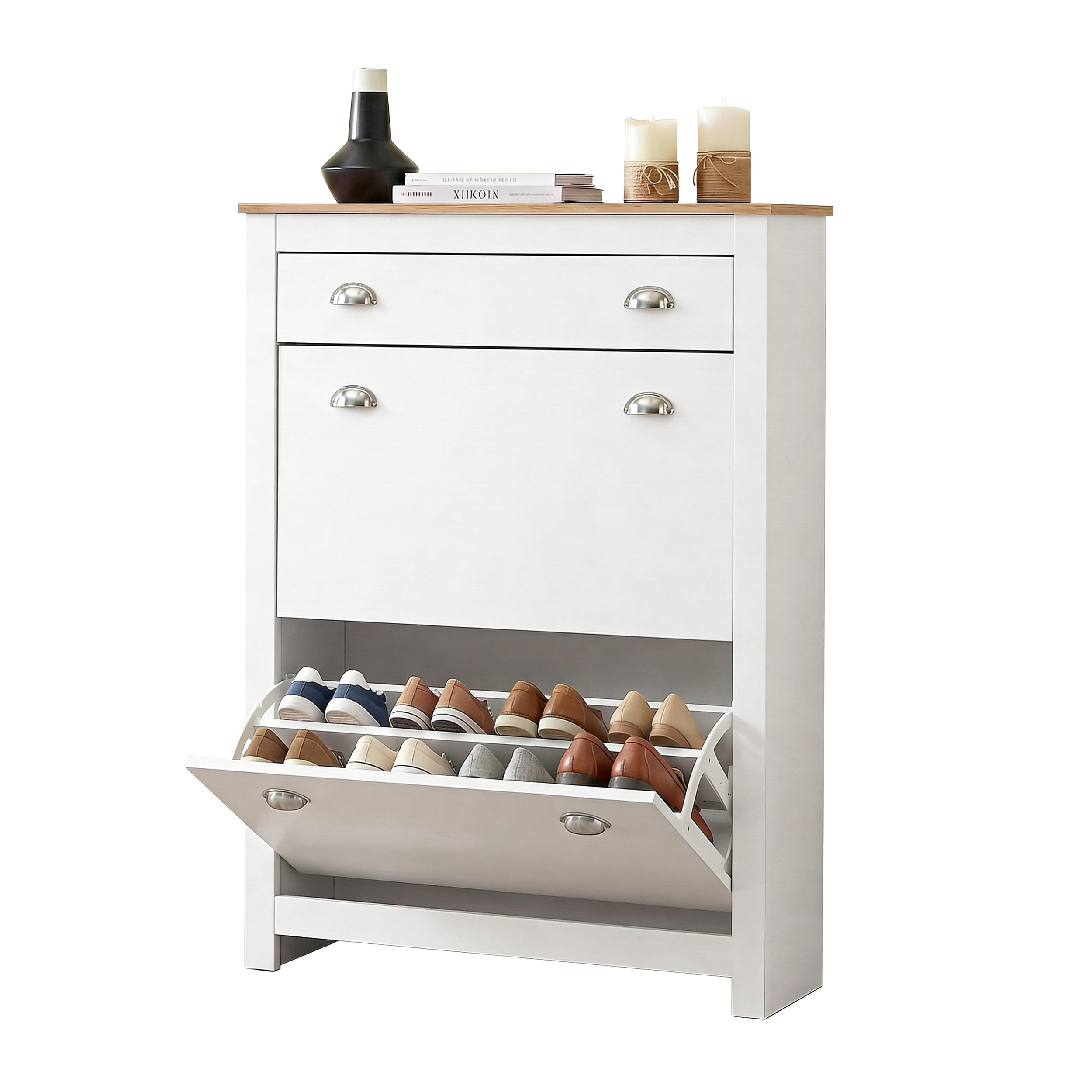 Shoe Storage Cabinet with 2 Flip Drawers & 1 Drawer Narrow Wooden Shoes Rack Cabinet, Freestanding Shoe Organizer Storage for Entryway, Hallway White 87.5W x 26D x 110H cm
