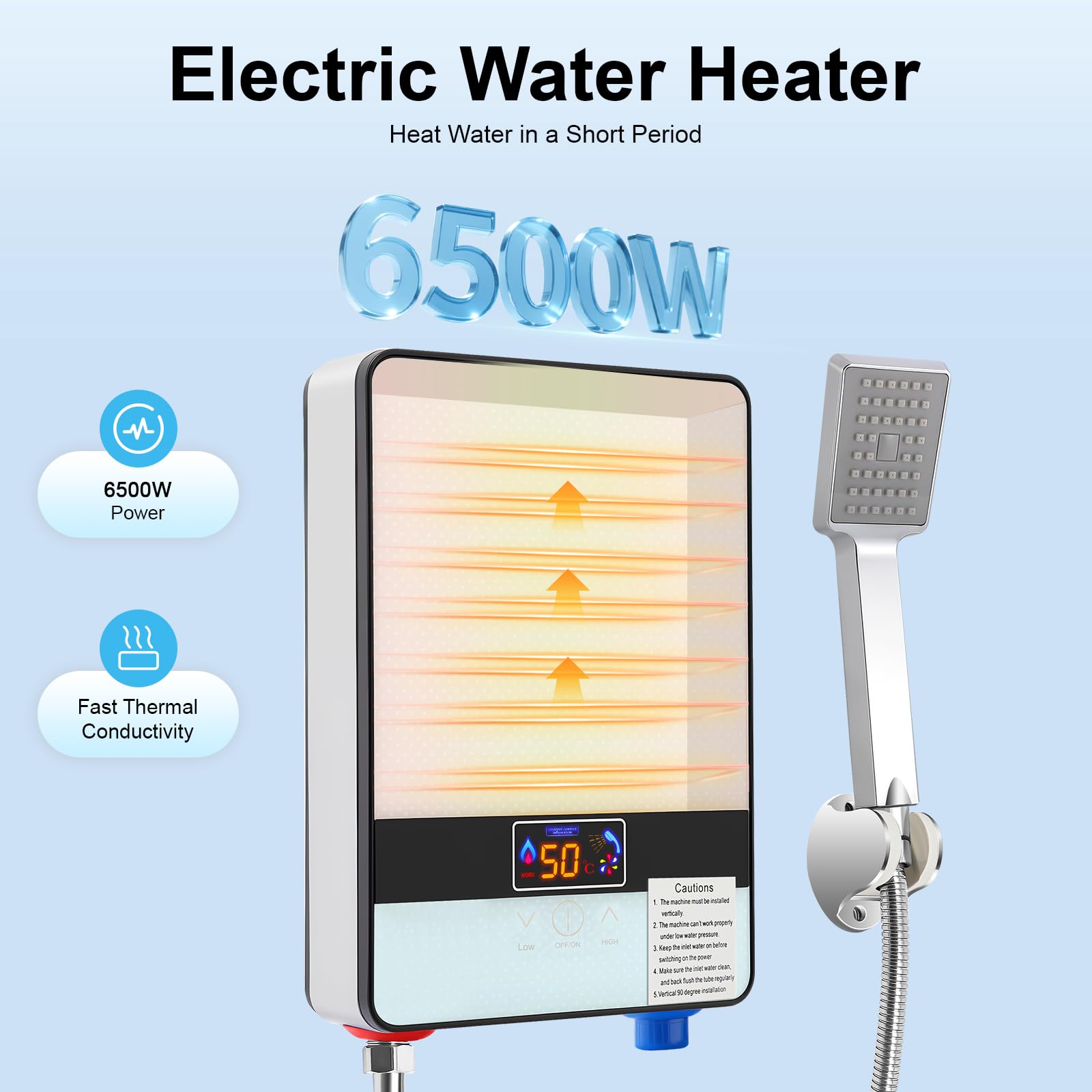 Elektryczny podgrzewacz wody 6500 W, 220 V, montaż ścienny, 30-55°C, elektryczny podgrzewacz wody z prysznicem prysznicowym do domów, szkół, kuchni i łazienek, 18,6 x 5,7 x 27,7 cm