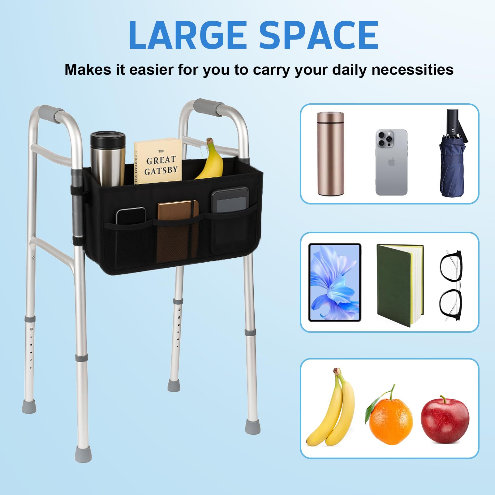Walker Basket - Bolsa plegable con portavasos - Se adapta a caminantes plegables (negro)