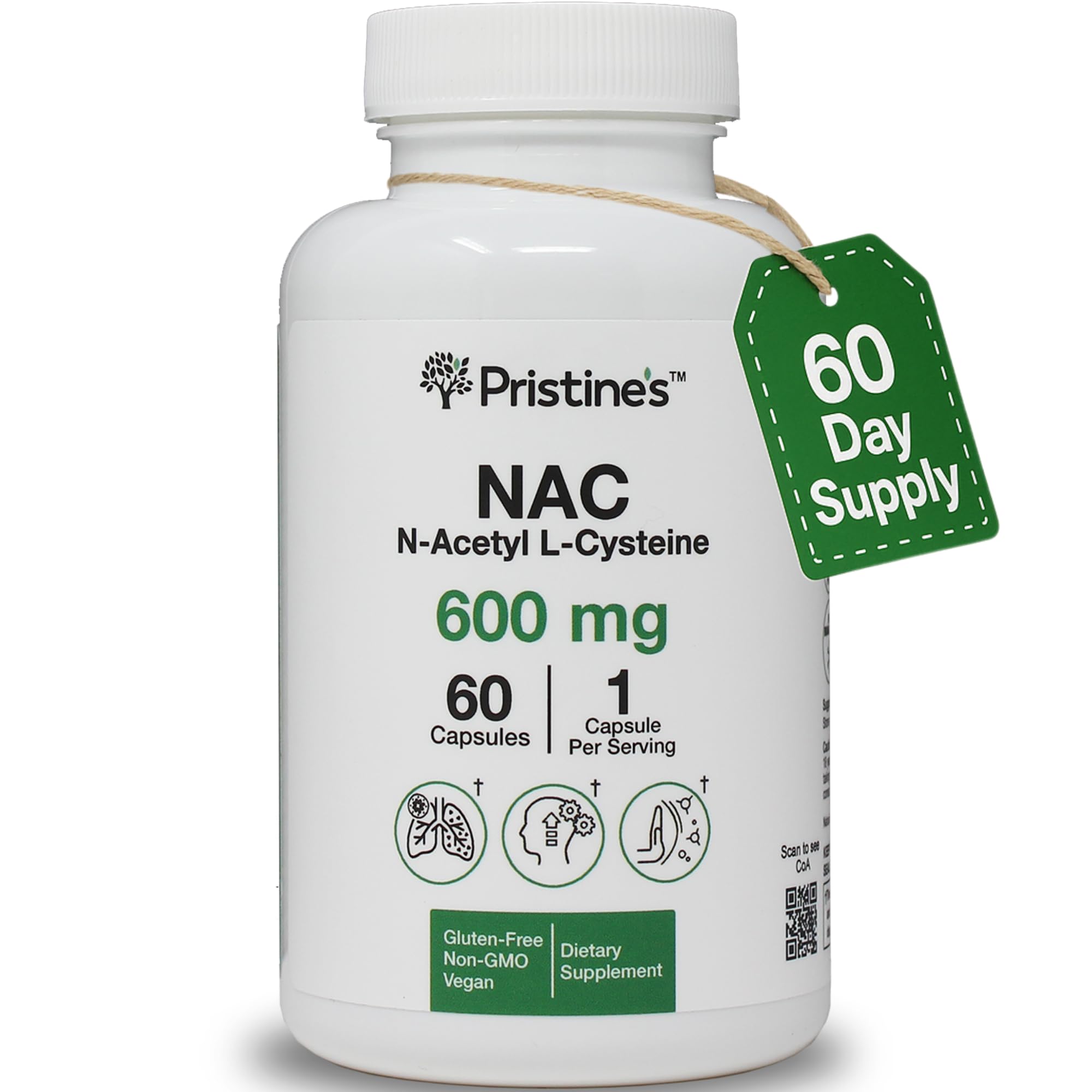N-Acetyl L-Cysteine (NAC) Immunity, Lung, & Liver Support Supplement Capsules - 600MG 60 Day Supply - Potent Antioxidant - Vegan, Gluten Free, Non GMO