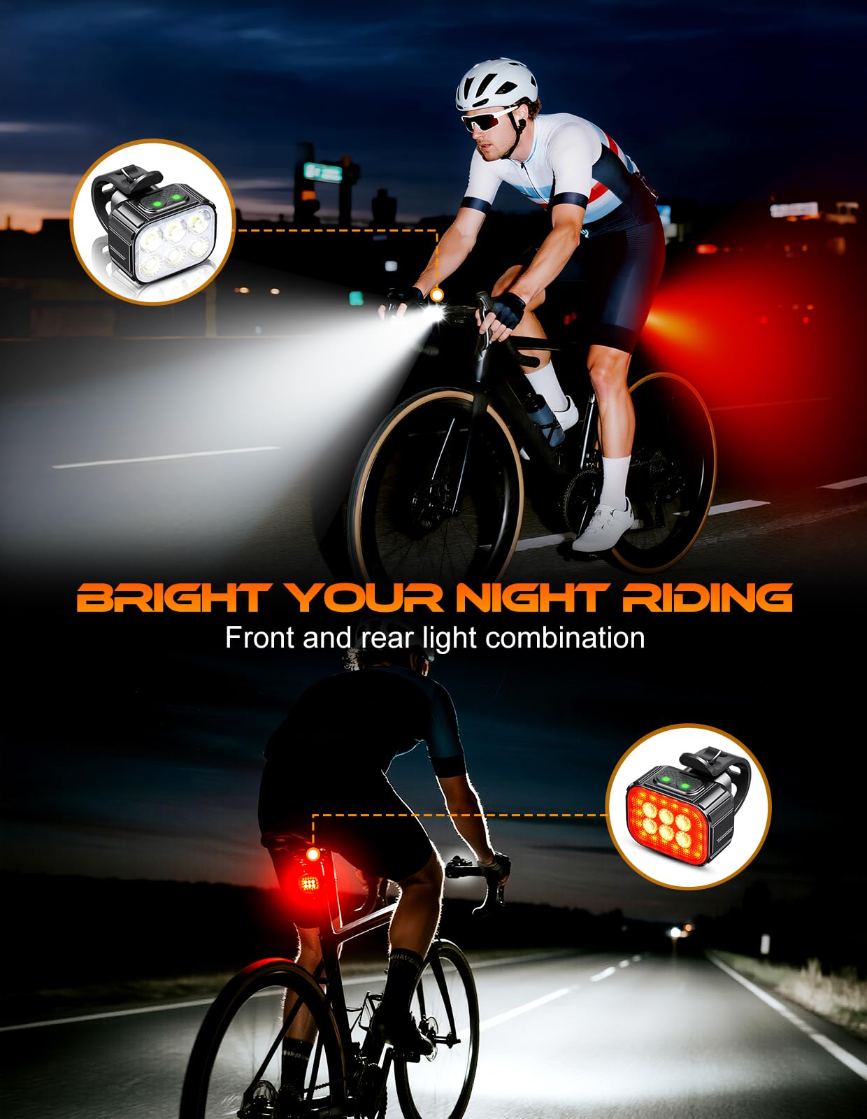 Cuvccn USB ricaricabile lampada con faretto e proiettore, illuminazione per bicicletta impermeabile IP65 per la guida di notte, 4 x 4 + 6 x 6 modalità luce faro e luce Tali