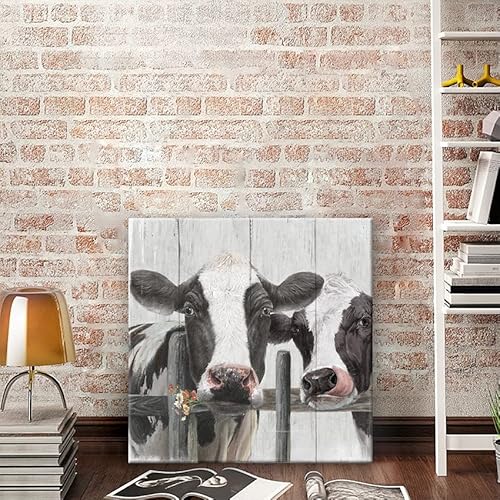 Yelash Couple Cow Pictures Wall Decor, Love Themed Canvas Wall Art Print, Curious Cow Painting Poster, Funny Farm Animal Mural For Bedroom Bathroom And Kitchen Framed (12"X12") #TOP4