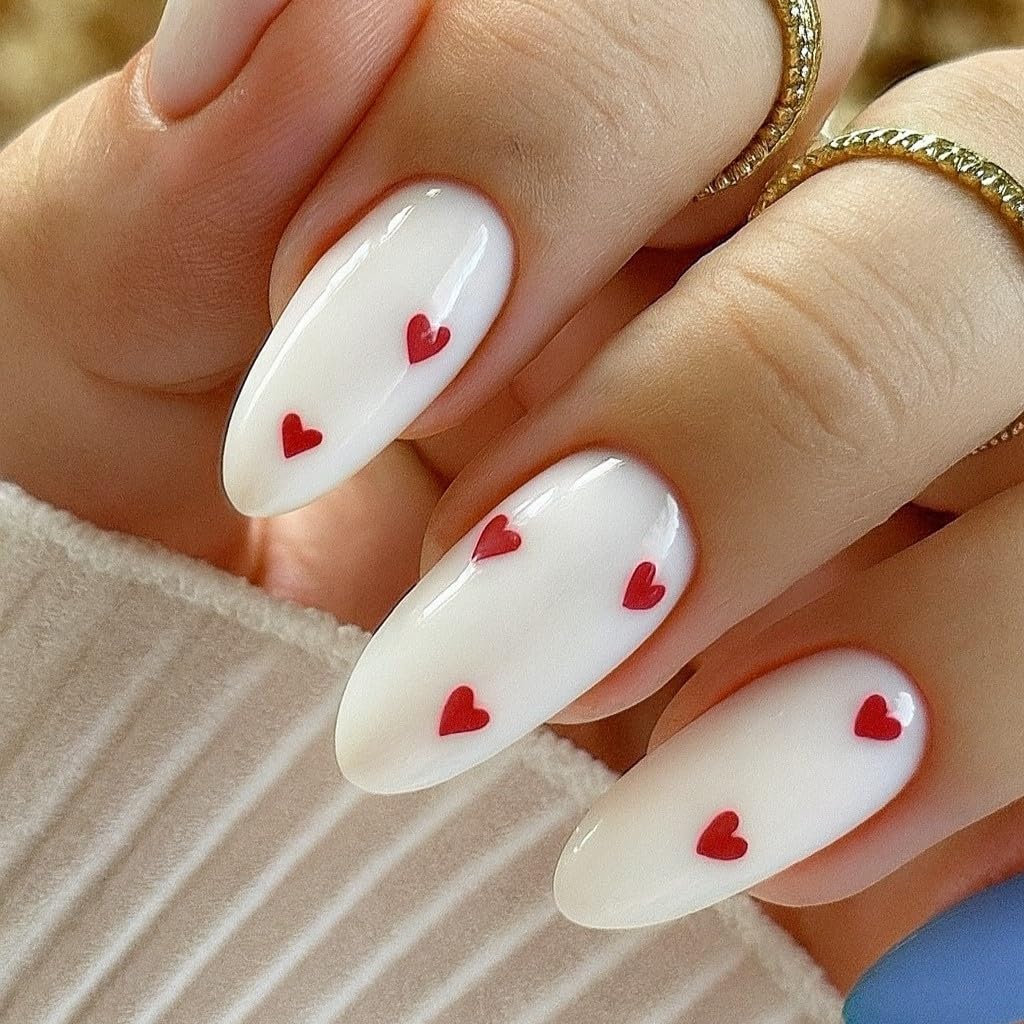 Sunburst Mart Almond Shape Press-On Nails, , White with Red Hearts Design-image-6