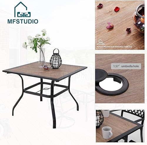 Miniatura 2 de MFSTUDIO Juego de comedor de patio para 4 muebles de exterior, mesa cuadrada de bistró, parte superior de madera con agujero para sombrilla de 1.57