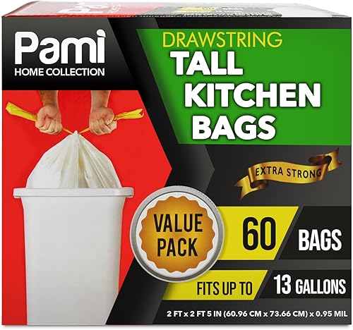 PAMI Bolsas de basura altas con cordón para cocina de 13 galones 60 unidades, color blanco, bolsas de basura de plástico extrafuertes, forros