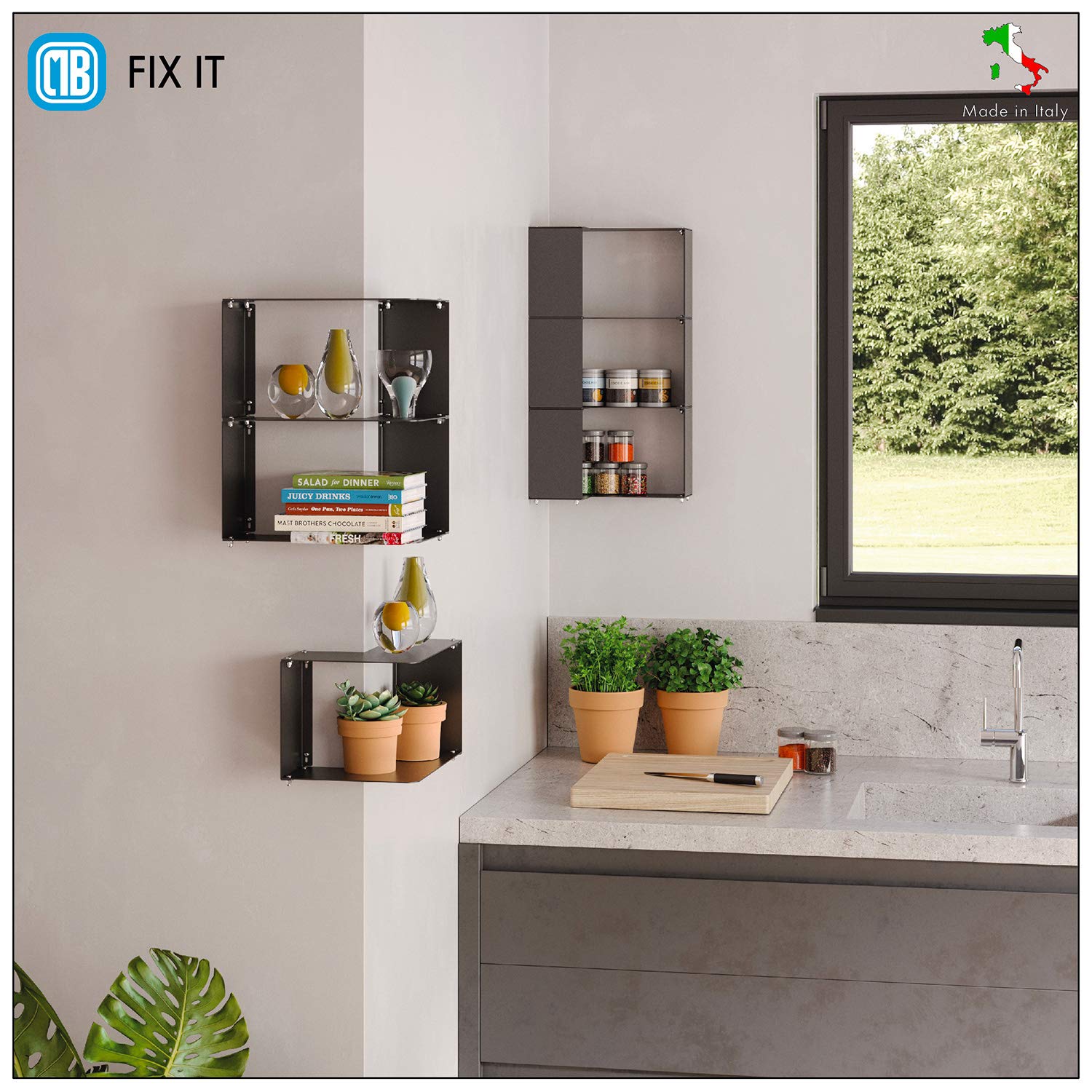 MB Mensola componibile da muro ad angolo e spigolo, made in Italy - Scaffale a parete di metallo per cucina, camera da letto, soggiorno. Colore nero.
