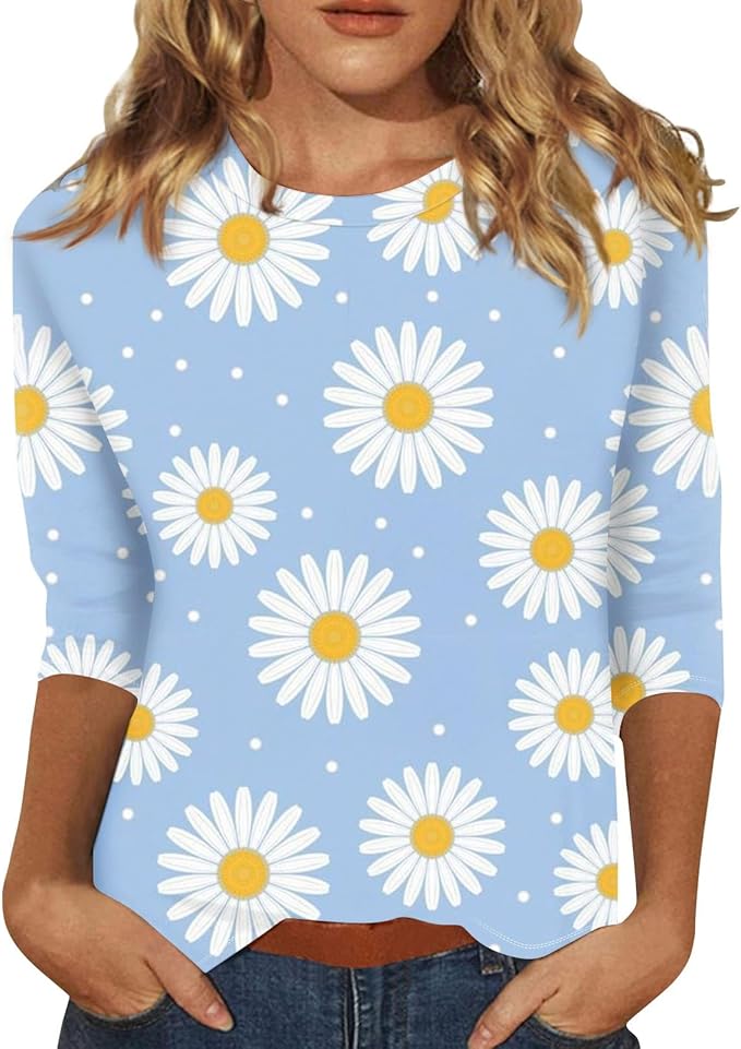 HTHLVMD Womens 3/4 Length Sleeve Tops 2025 Fall Fashion Floral Print Crewneck Causal Trendy Tunic Tops for Women