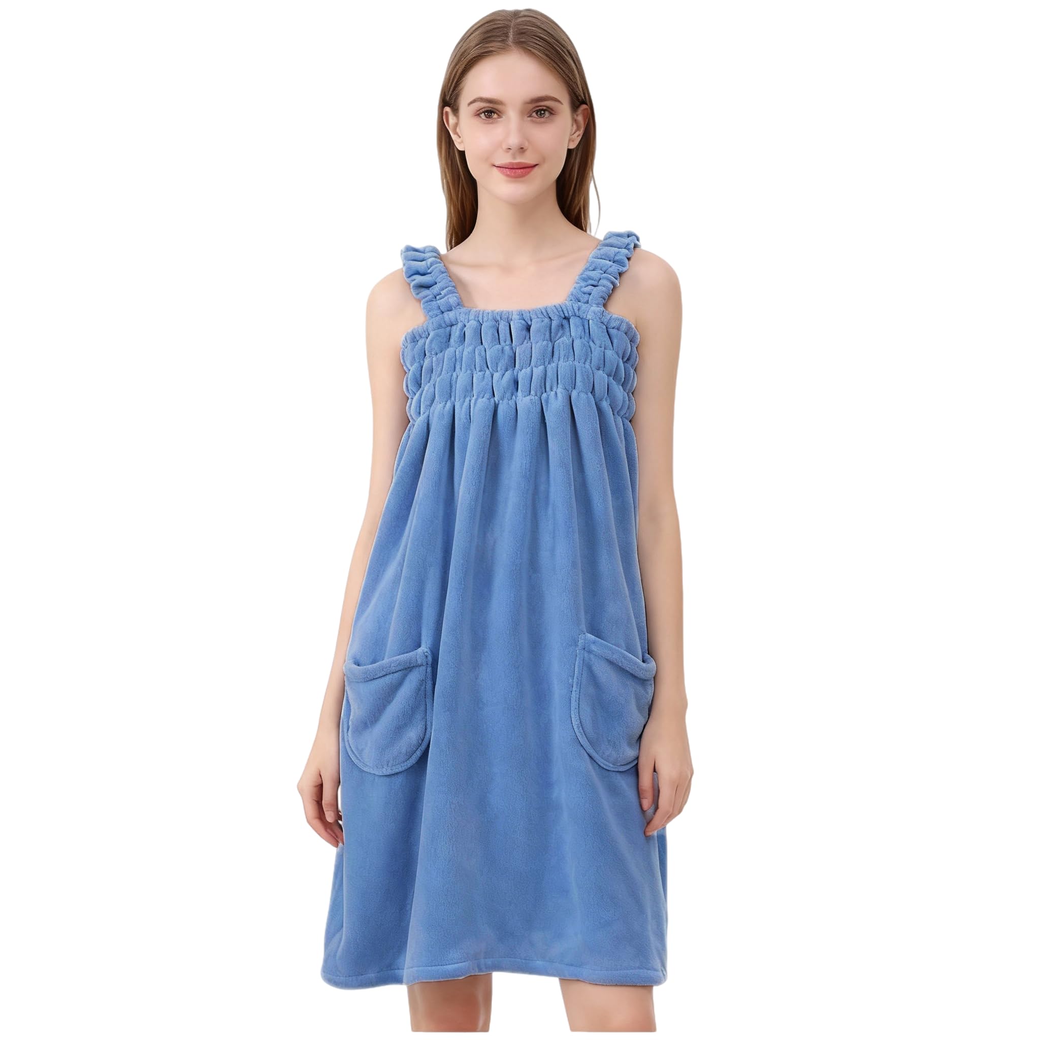 GREUS Women Bath Towel Dress Coral Fleece Absorbent Shower Wrap with Straps Pockets Quick Dry Bathrobe for SPA Sauna Pool