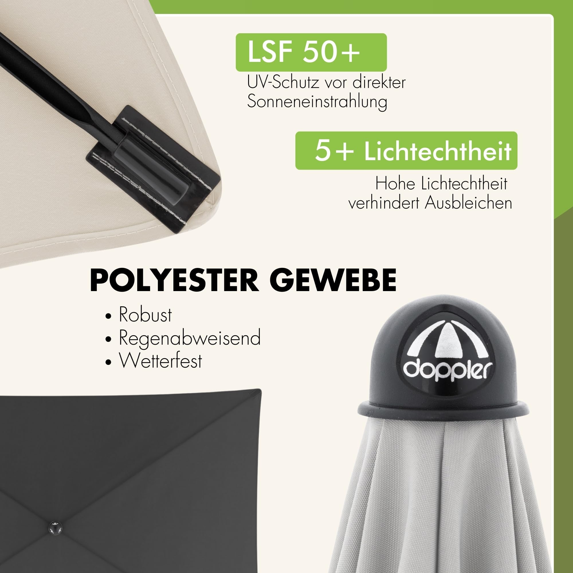 Doppler Sonnenschirm Rethink 180x120 cm, Natur, Balkonschirm mit Hülle | Rechteckiger Gartenschirm, Balkonschirm Schirm aus 100% recyceltem Polyester, Handöffner, neigbar & höhenverstellbar, UV 50+