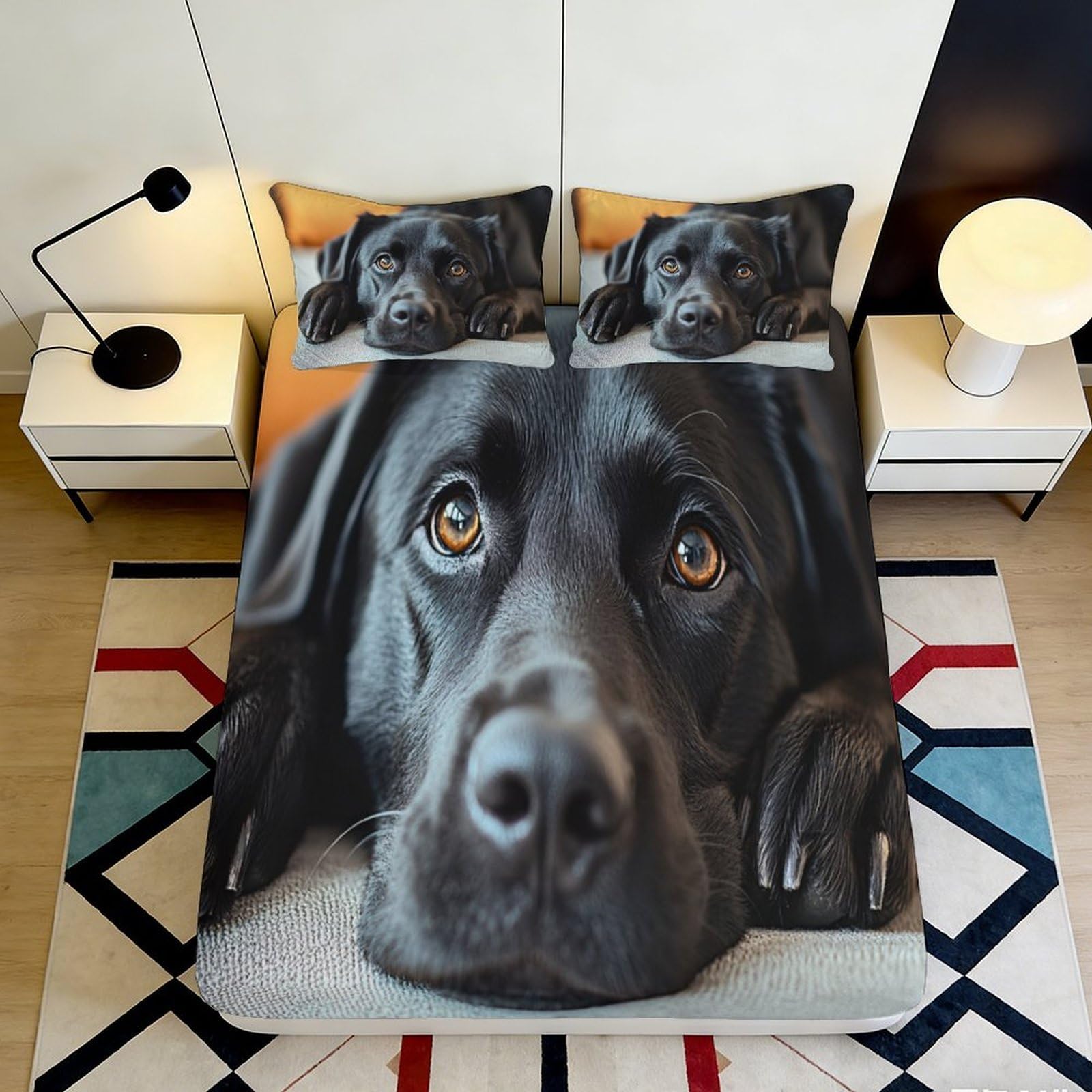 3D Printed Black Labrador Fitted Sheet Microfiber Soft Durable Dog Pattern Bed Cover for Bedroom Dormitory Guest Room Mattress Protection 120x200x25cm