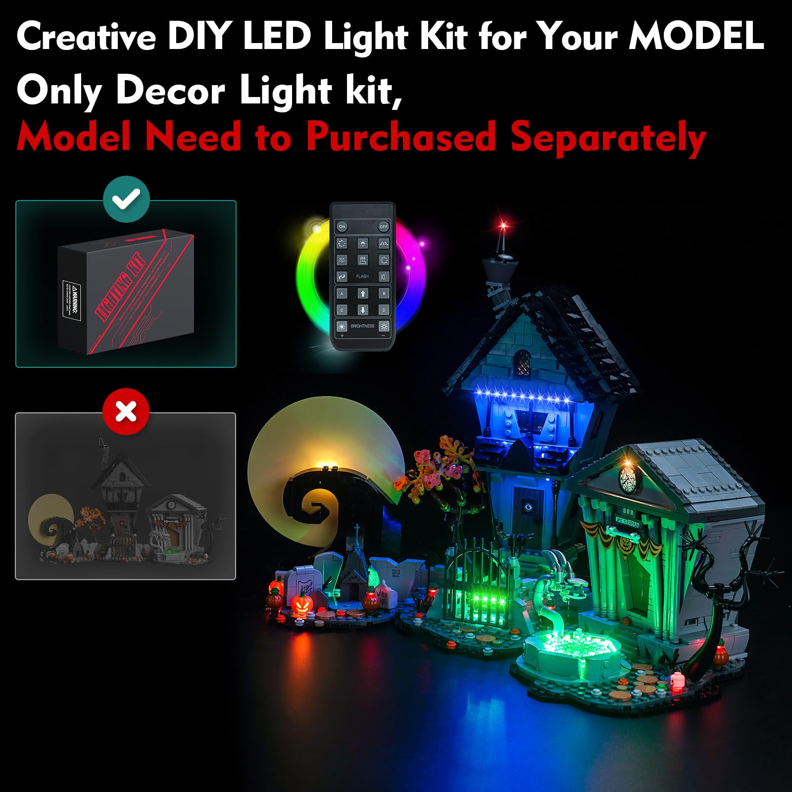 LocoLee Light Compatible with Lego Tim Burton's The Nightmare Before Christmas 21351, Lighting Set Accessories Compatible with Lego Nightmare Chris 21351, No Models Only Light (RC Version)