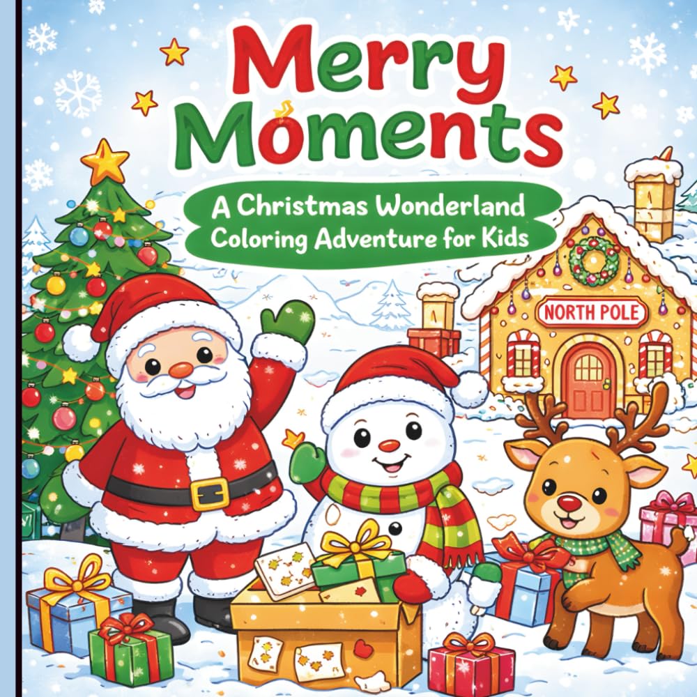Merry Moments: A Christmas Wonderland Coloring Adventure for Kids: Fun Holiday Coloring Pages Featuring Santa, Snowmen, Reindeer & Elves for Ages 3–12