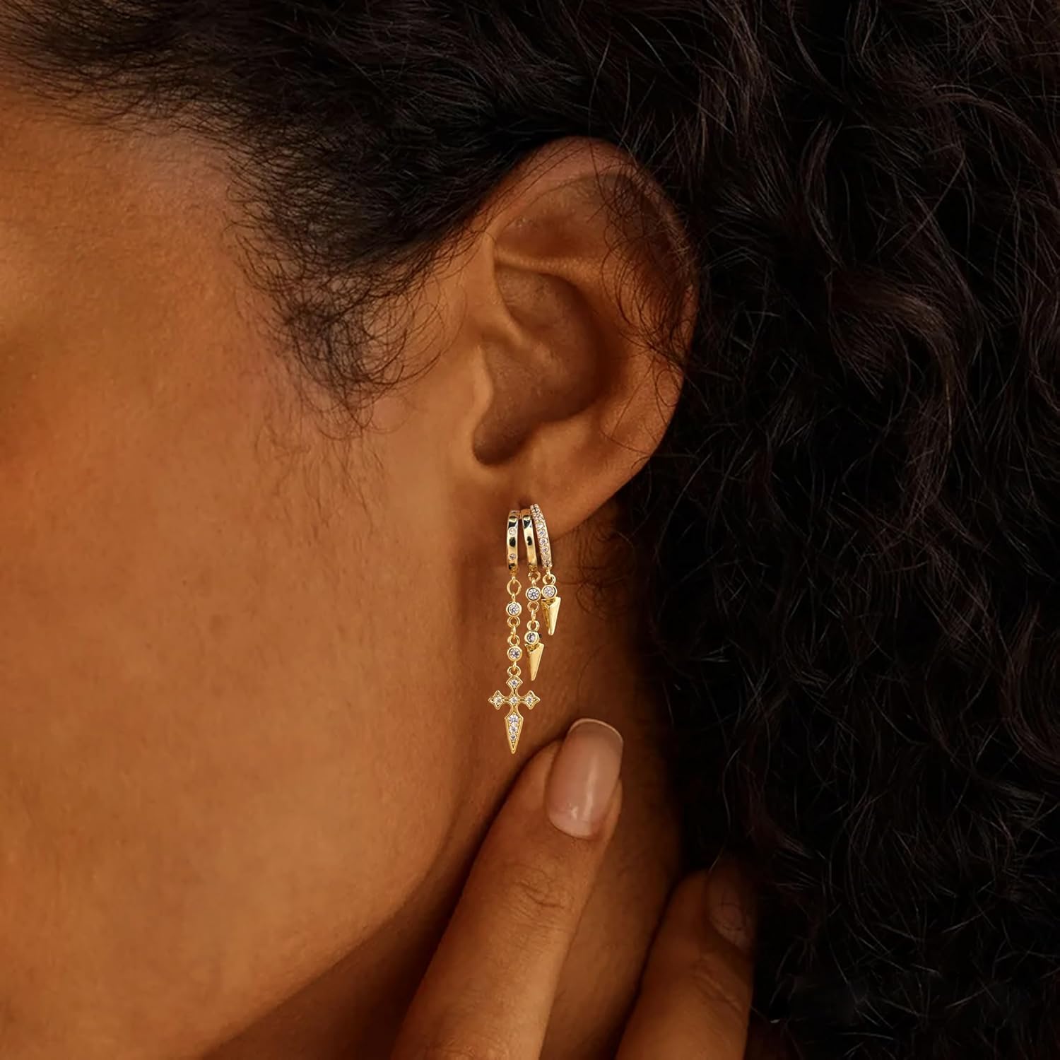 Dangle Earrings for Women,Dainty 14K Gold Plated CZ Triple Huggie Stud Earring Trendy Star Moon Dangle Chain Earring Hypoallergenic Statement Drop Huggie Earrings for Women Gold Jewelry Cute Stuff - Image 5