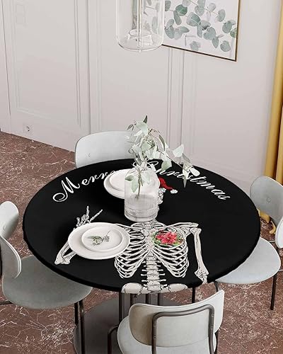 Miniatura 7 de Mantel redondo ajustable de esqueleto navideño para mesas de comedor, mantel con bordes elásticos, divertido sombrero de calavera de Papá Noel,