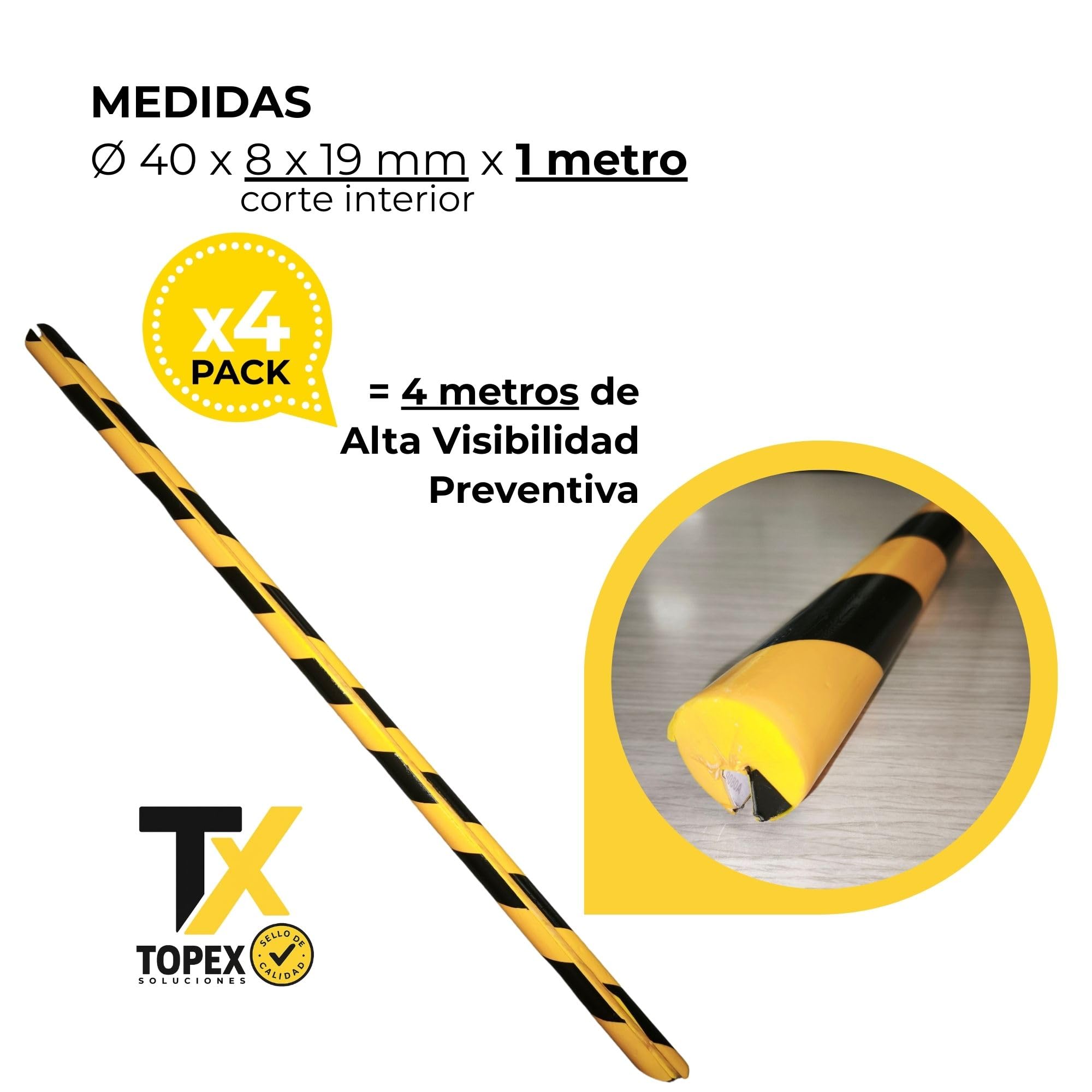 Protector Bordes Metal Tipo B – Paragolpes Espuma Amarillo Negro Ø40 mm – Perfil Curvo 1 m – Sin Adhesivo – Pack 4