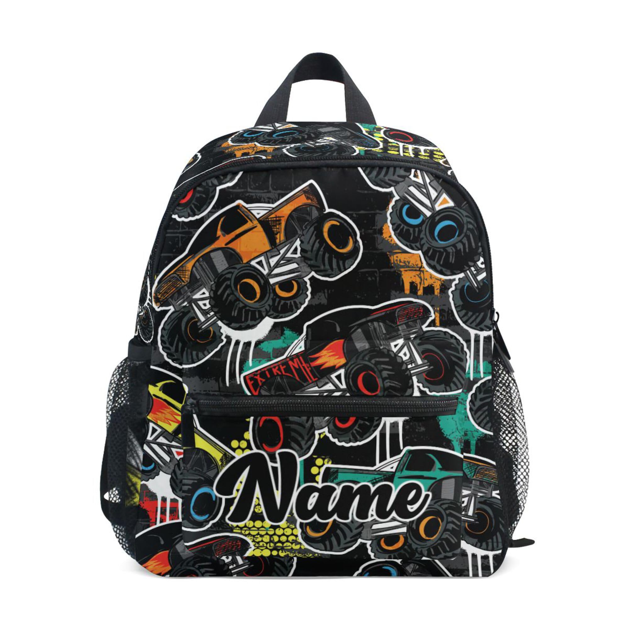 Fisyme Custom Toddler Backpack Cars Monster Truck School Bag Kids Daypack for Kindergarten Preschool Nursery Girls Boys, M