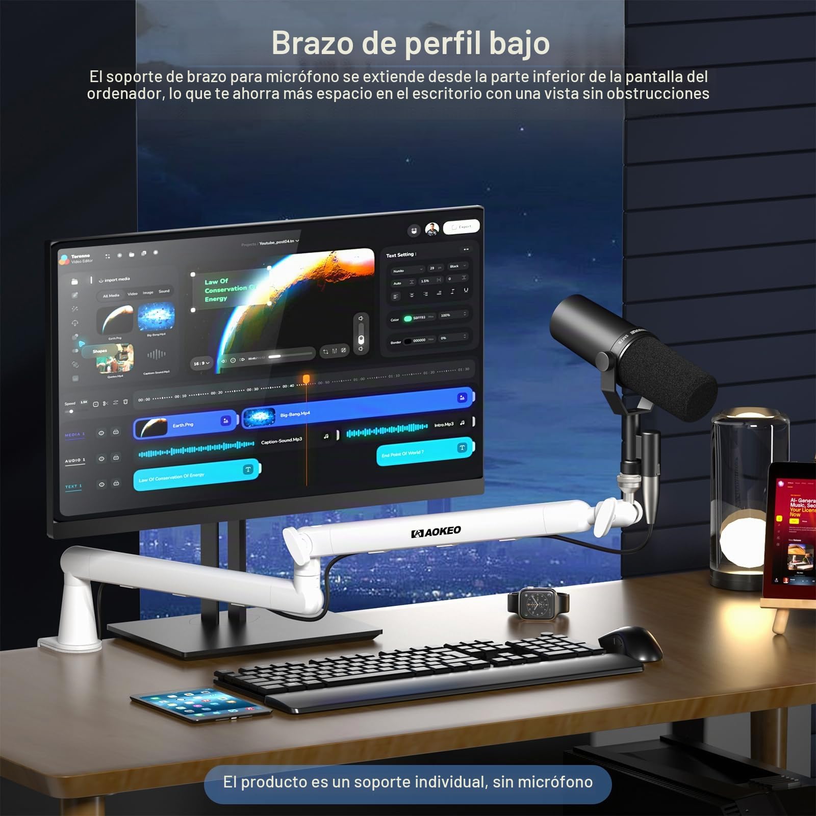 Aokeo AK-55 - Brazo de micrófono ajustable de perfil bajo, adecuado para Blue Yeti, Snowball iCE, HyperX QuadCast, SoloCast, Elgato Wave, etc