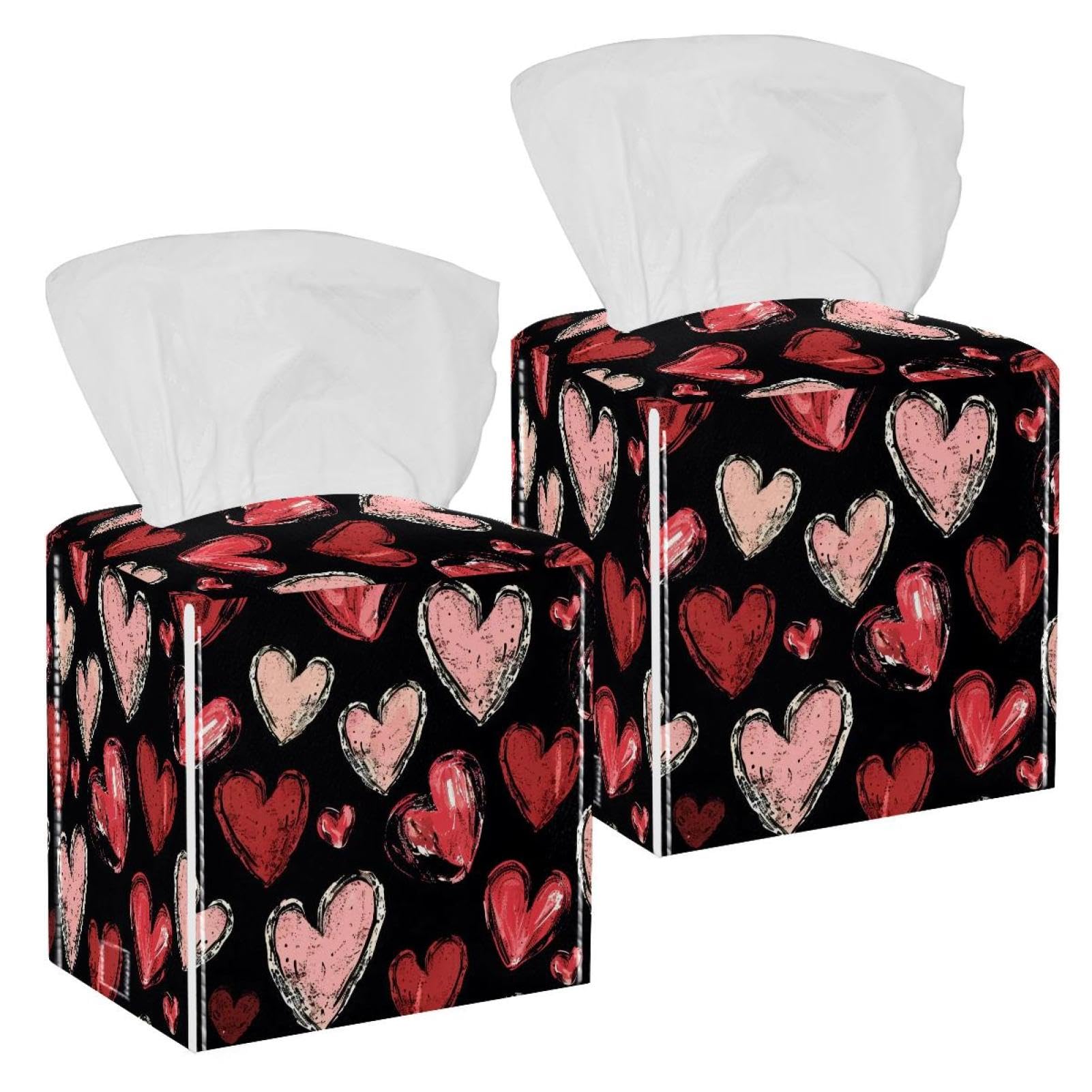 Heart of Love Tissue Box Cover, 2 Pack PU Leather Square Facial Tissue Dispenser Box holder for Home Office Car