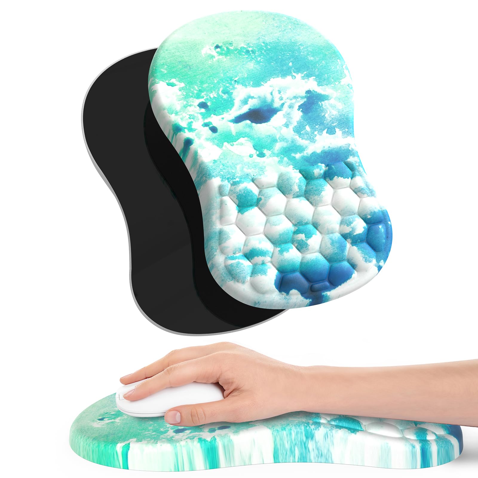 Ergonomic Mouse Pad Wrist Support, Wrist Rest Pain Relief Mousepad Memory Foam with Massage Design, Non-Slip PU Base, Mouse Pads for Home Office (Sea Waves)