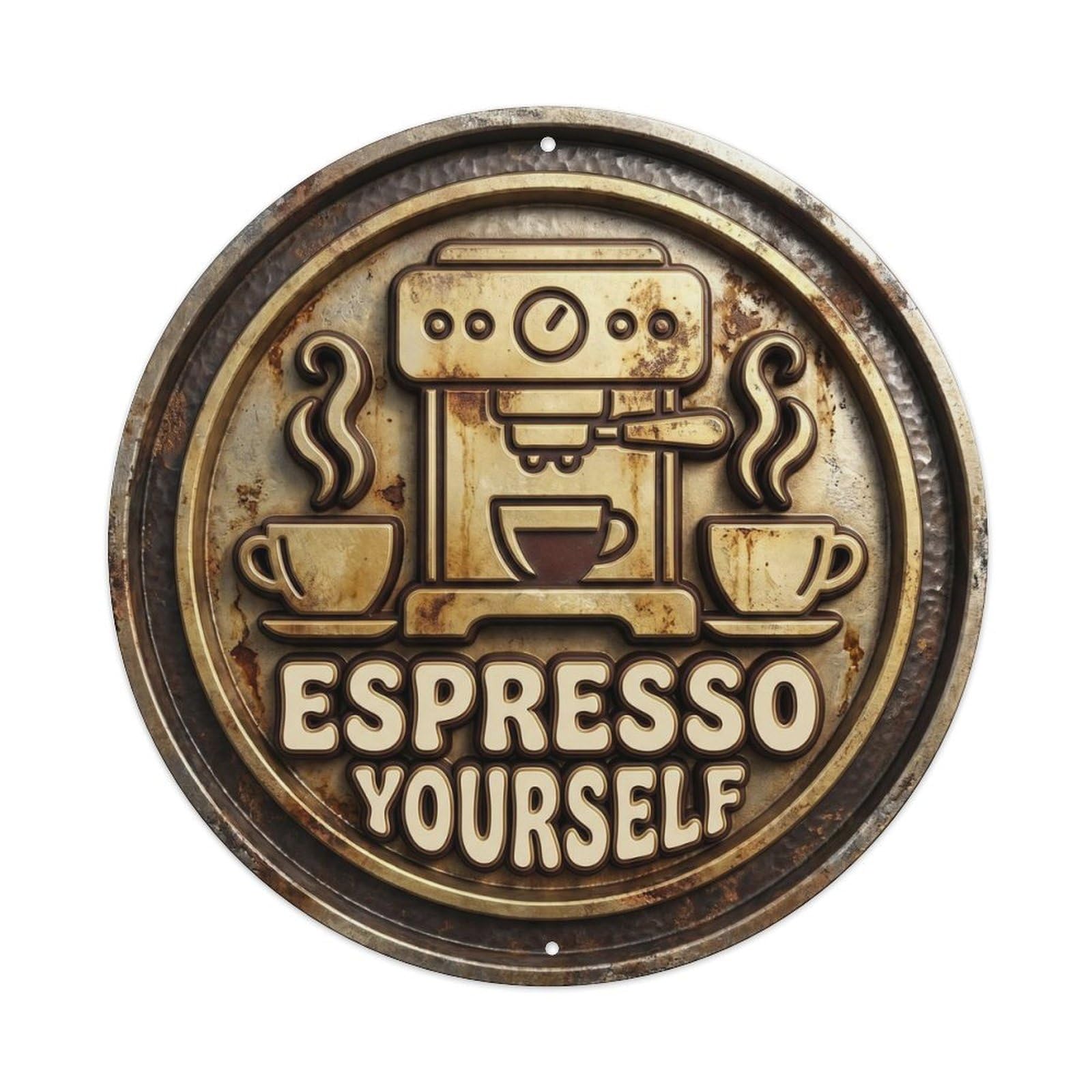 Espresso Yourself Barista Coffee Roast Roaster Label Metal Tin Sign Plaque Wall Decor for Cafe, Man Cave, Club Bar, Office, Home Garden Round Metal Poster 8x8Inch