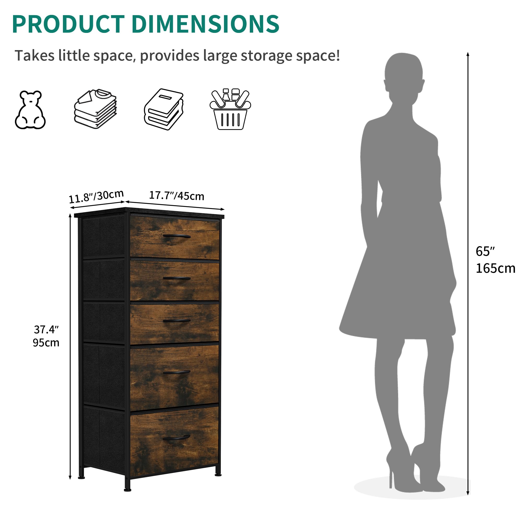 YITAHOME Commode pour Chambre à Coucher, Commode à 5 Tiroirs en Tissu Meuble de Rangement avec Dessus en Bois et Grand Espace de Rangement Chambre à Coucher, Salon, Chambre d'enfant, Rouille Brun