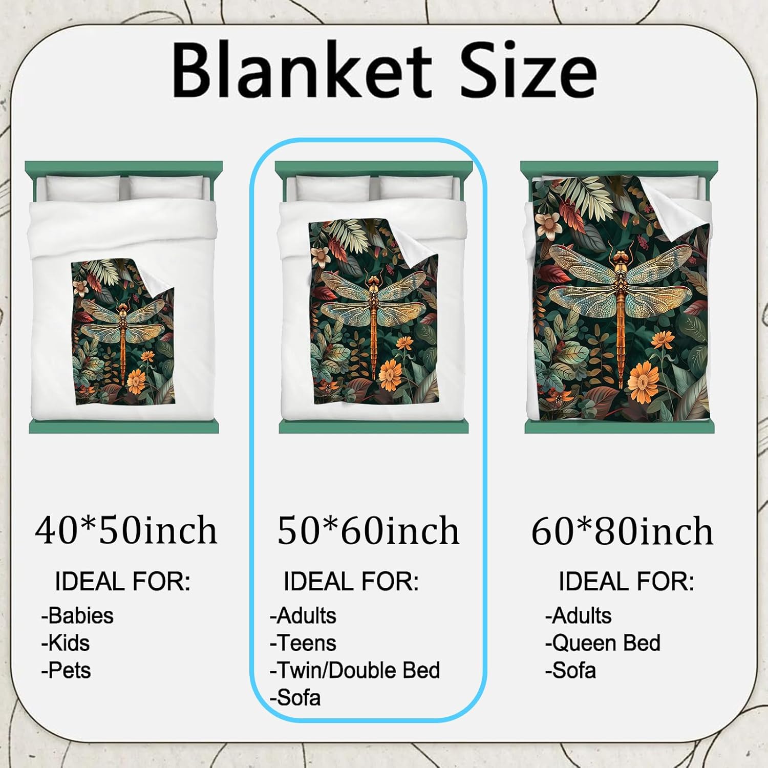 Dragonfly Botanical Flannel Blanket,Vintage Forest Throw with Insect,Flower and Foliage,Lightweight Fleece Blankets for Nature Lover,Couch,Cabin,Bed,Camping Home Decor Gifts,60x50in - Image 3