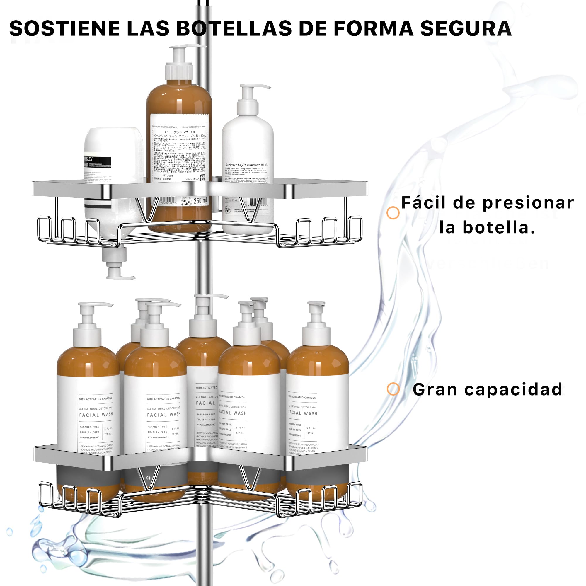 KEGII Estanteria Baño - Estanteria Telescopica Baño con 4 Estante Ducha, Soporte para Cepillos de Dientes, Ajustable 63.5-290 cm para Esquina o Bañera, Plata