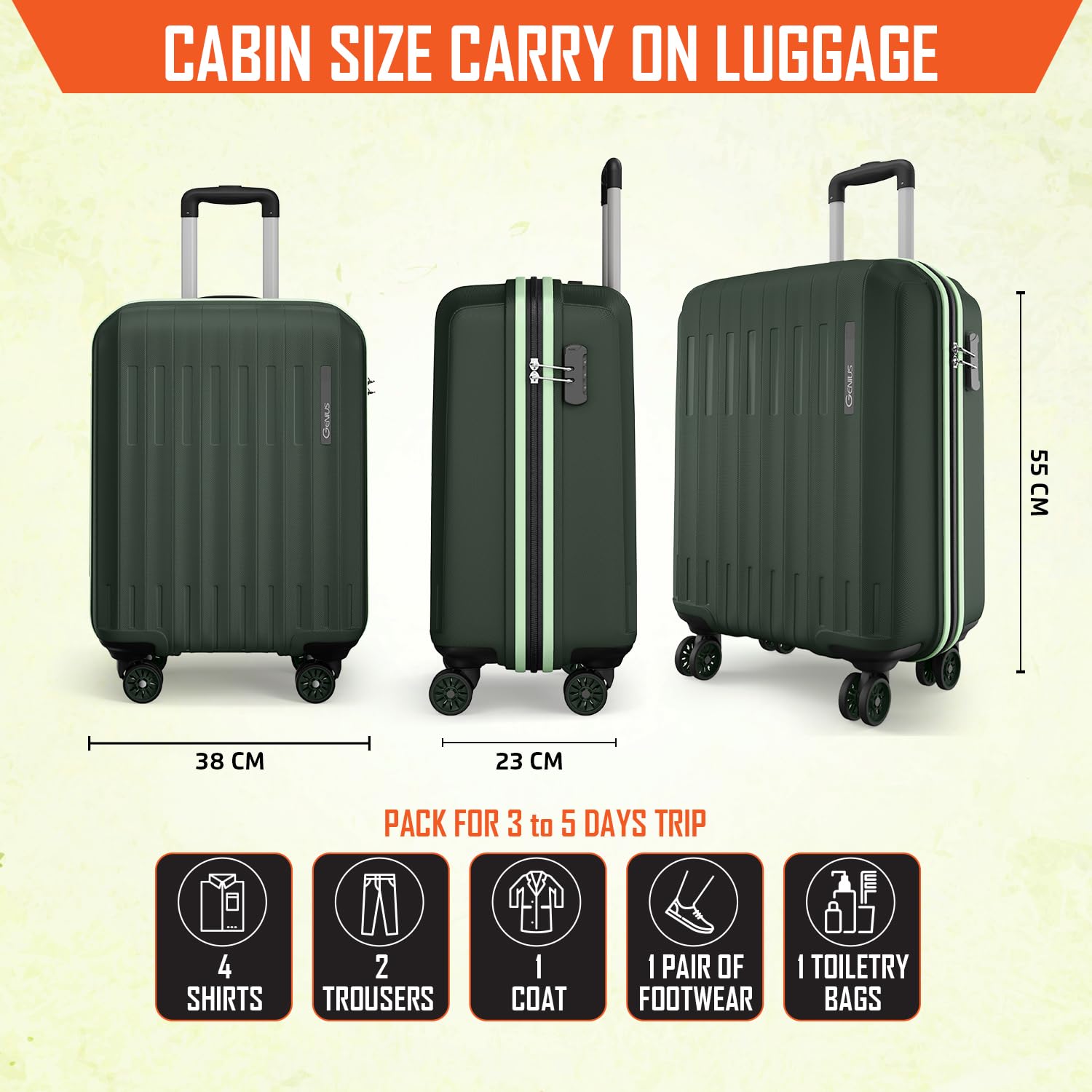Safari Genius Alley 55cm Cabin Trolley Bag Hard Case Polypropylene, 4 Spinner Wheels, 360° Wheeling Carry on Luggage, Travel Bag, Suitcase, Trolley Bags, Green — Amazon image 8