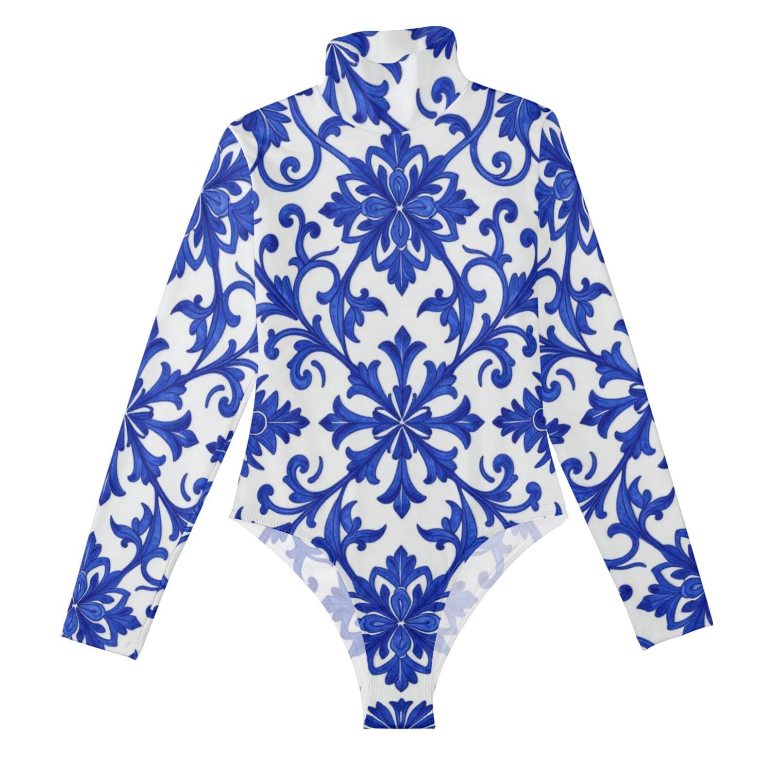 Body de manga larga para mujer azul real con estampado de cuello alto 8