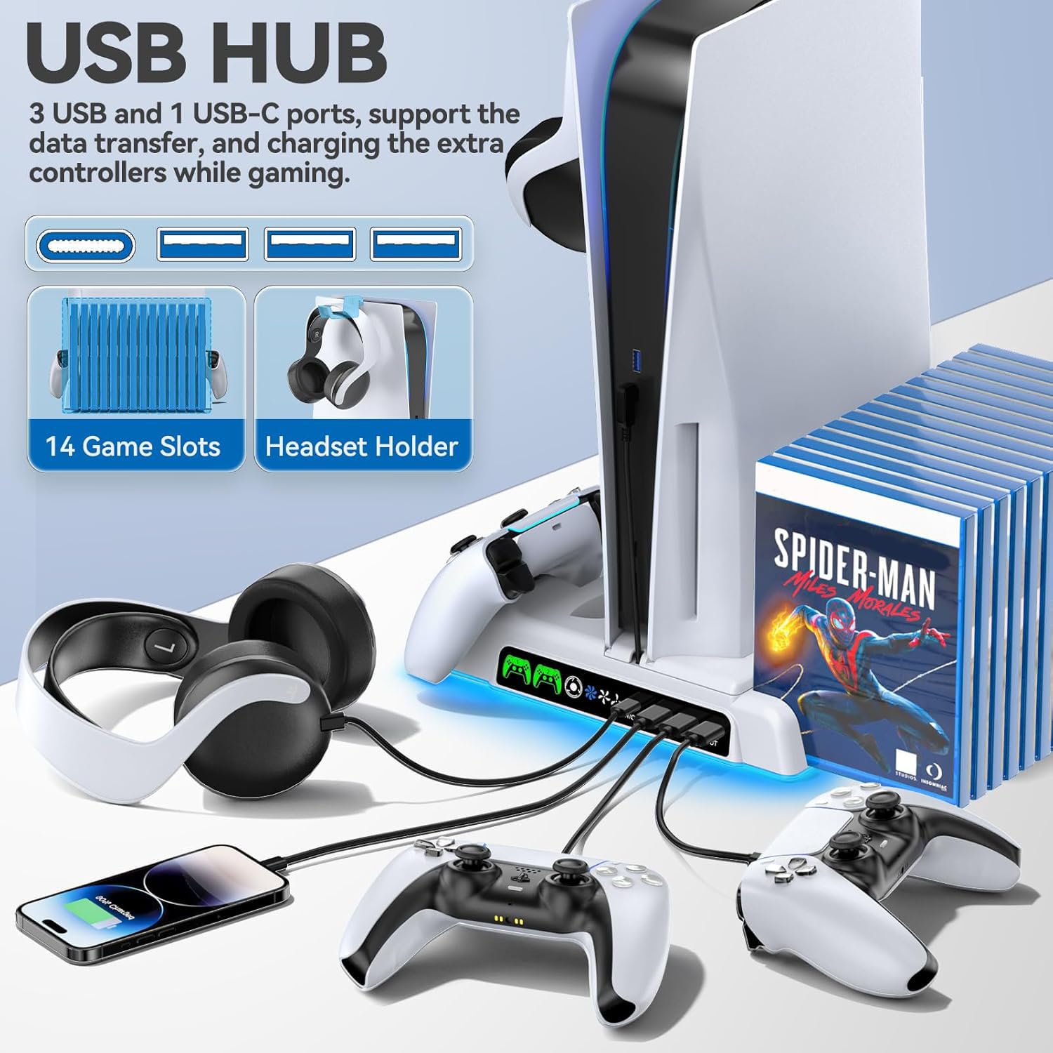 PS5 PS5 Slim Ständer mit 3-stufigem Lüfter und RGB Licht, Standfuß mit 3 USB Ports, Controller Ladestation, Headset Halter, 14 Spiele Aufbewahrung